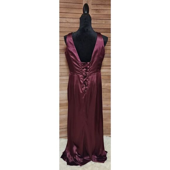 YMSHA Burgundy Size 16W V-Neck Bridesmaid Dresses with Slit Ruched Waist Satin - Picture 9 of 10